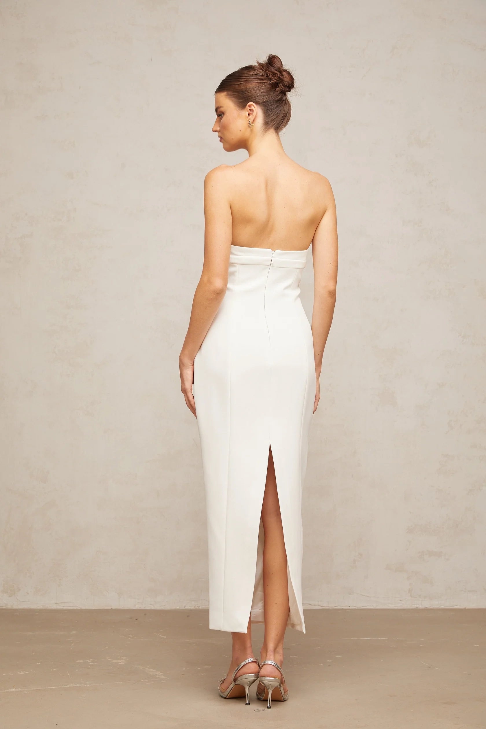 White Strapless Crystal - Accent Midi Dress white corset bow-detail midi dress Evening Dress