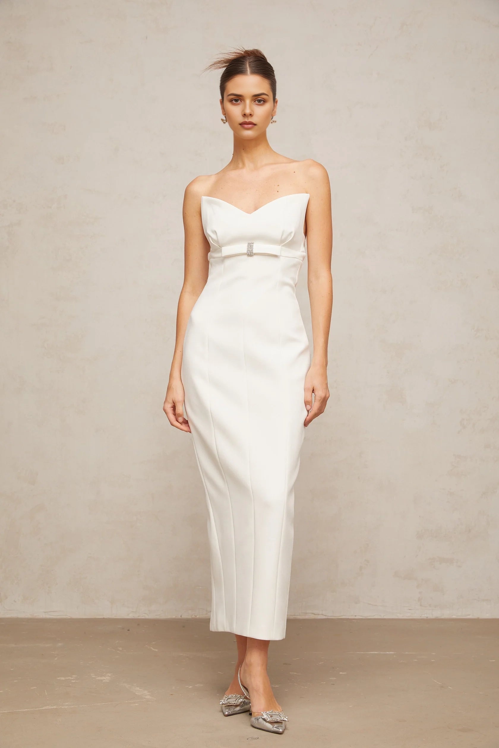 White Strapless Crystal - Accent Midi Dress white corset bow-detail midi dress Evening Dress