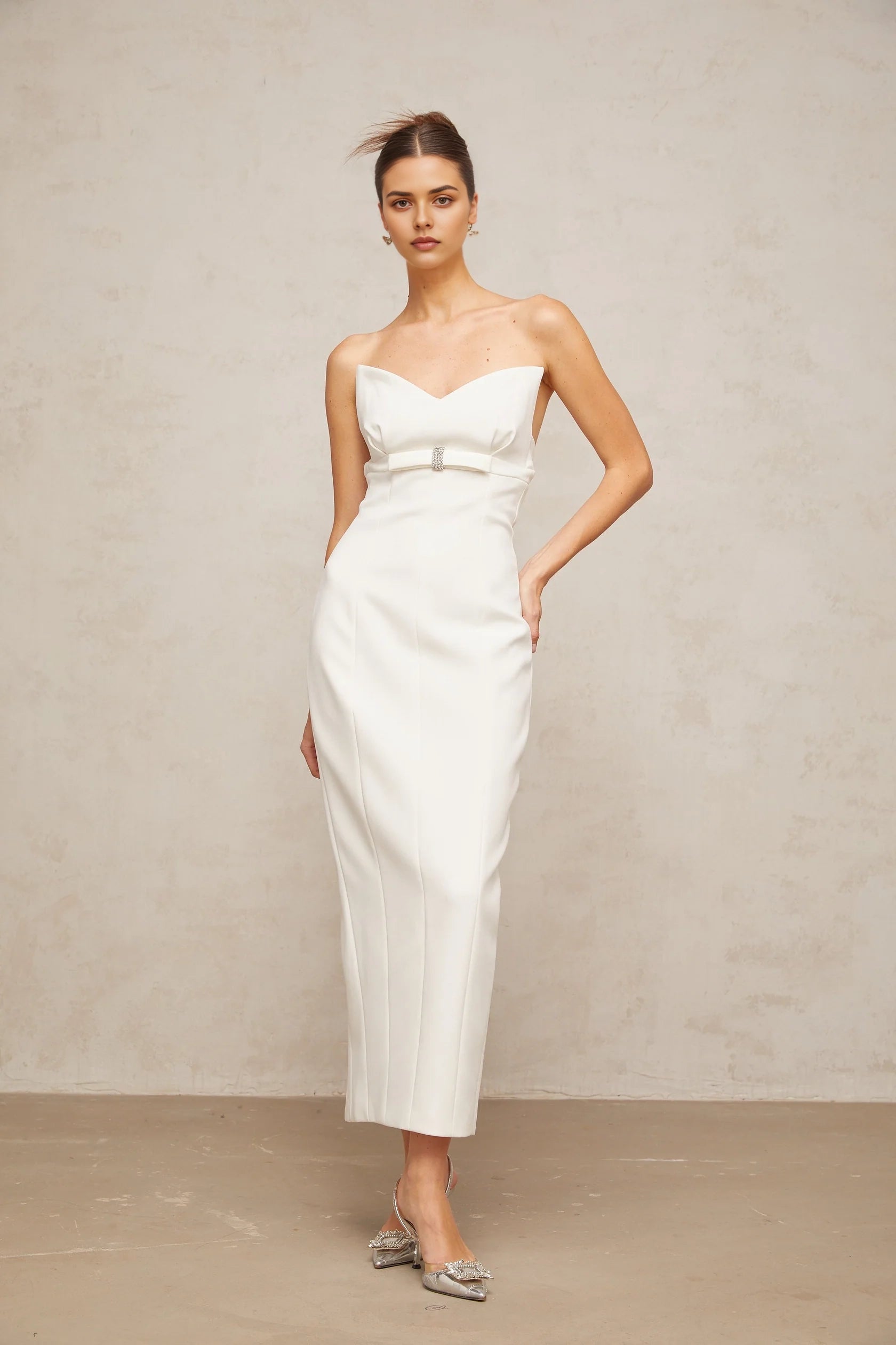 White Strapless Crystal - Accent Midi Dress white corset bow-detail midi dress Evening Dress