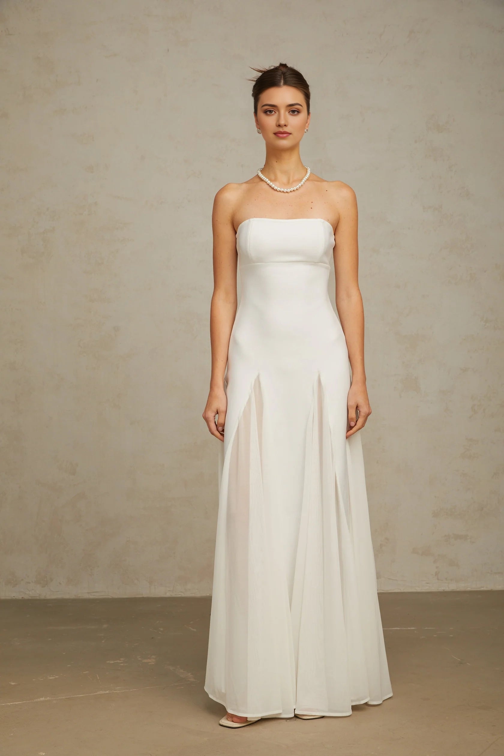 White Strapless Flared - Skirt Maxi Dress white tulle-panelling maxi dress Evening Dress