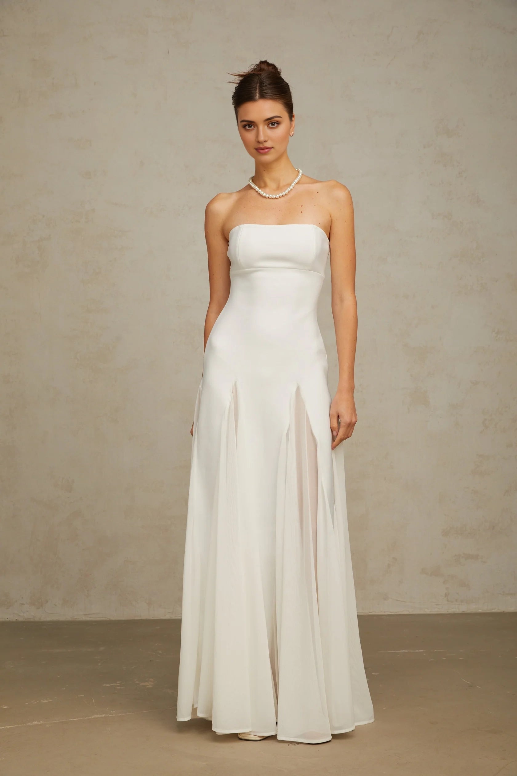 White Strapless Flared - Skirt Maxi Dress white tulle-panelling maxi dress Evening Dress