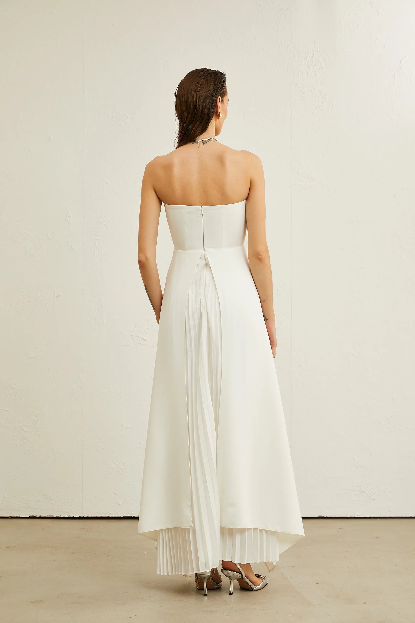 White Strapless Maxi Dress with Pleated Detail Vanessa white pleated off-shoulder maxi dress Evening Dress