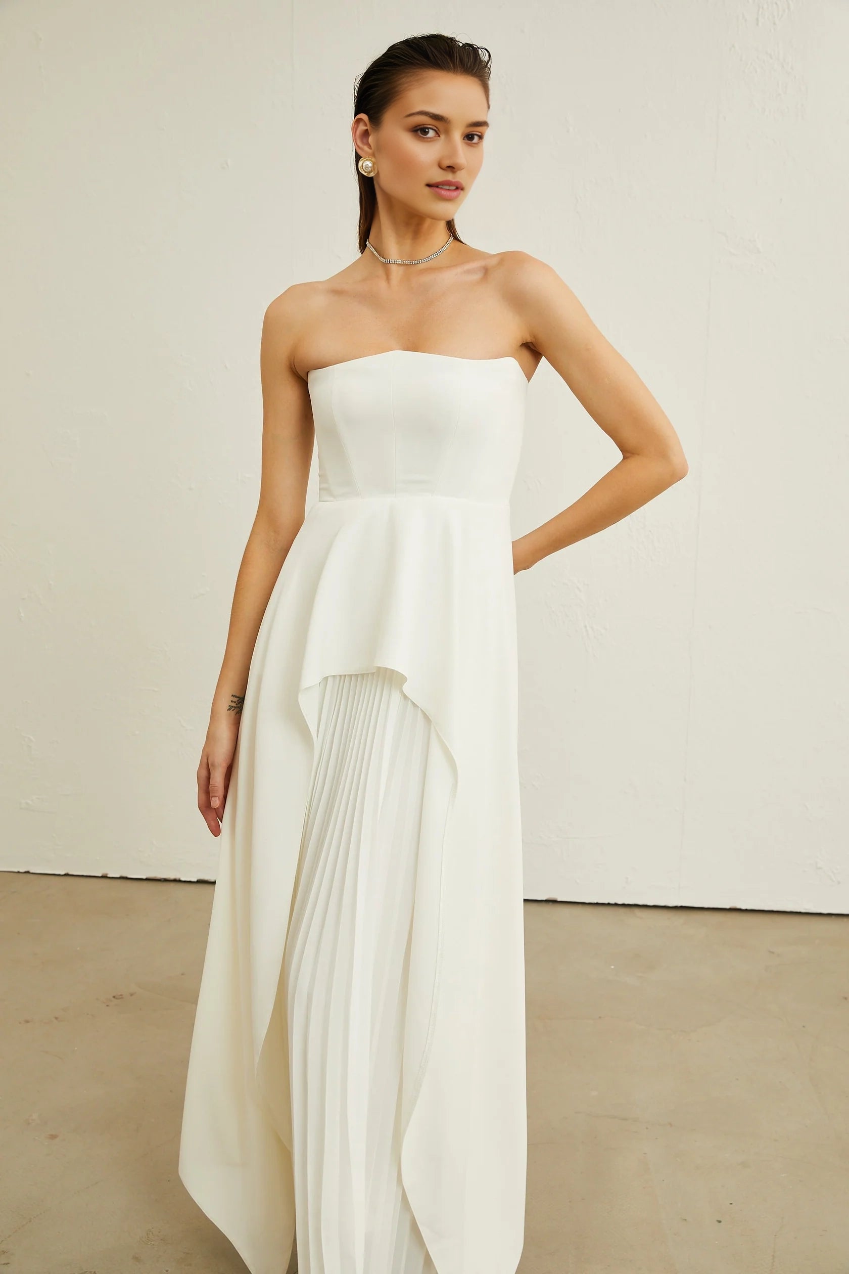 White Strapless Maxi Dress with Pleated Detail Vanessa white pleated off-shoulder maxi dress Evening Dress