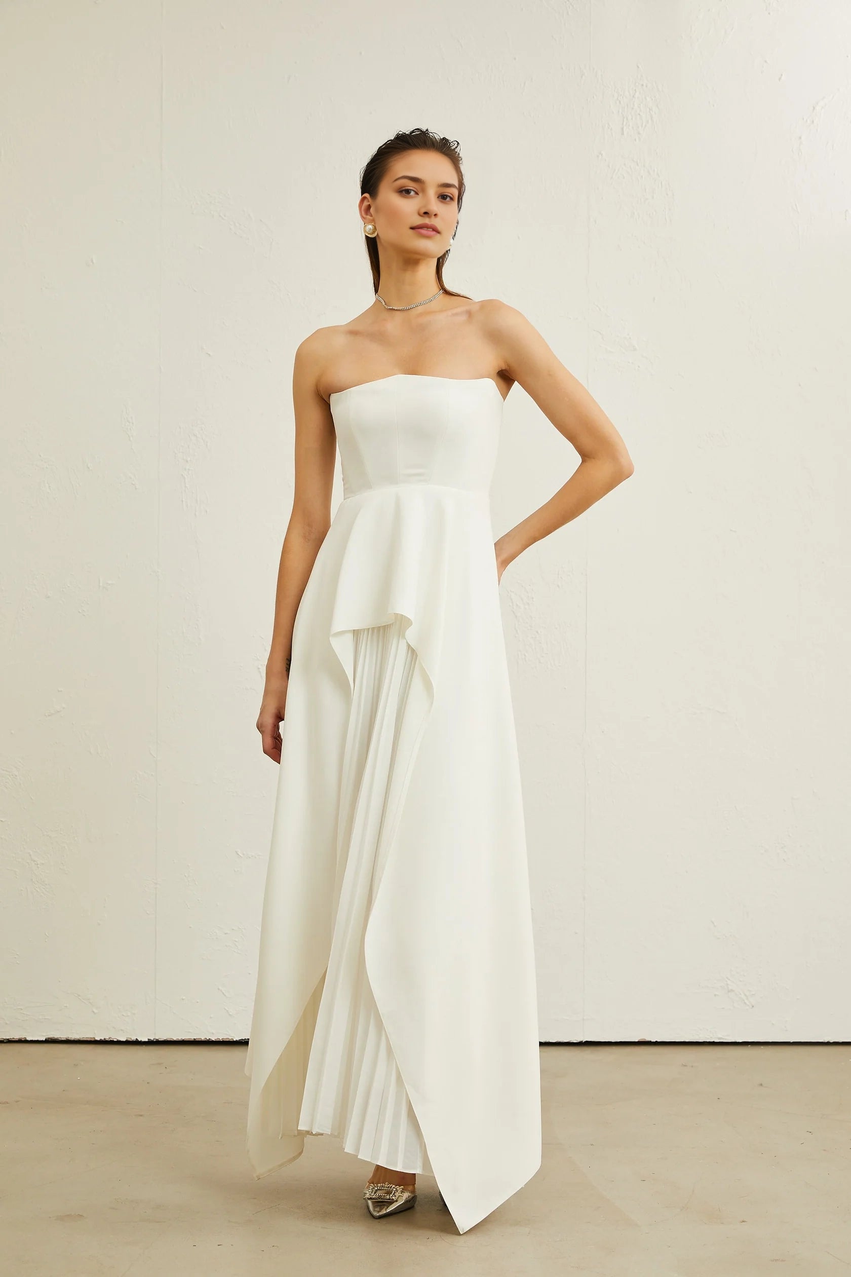 White Strapless Maxi Dress with Pleated Detail Vanessa white pleated off-shoulder maxi dress Evening Dress