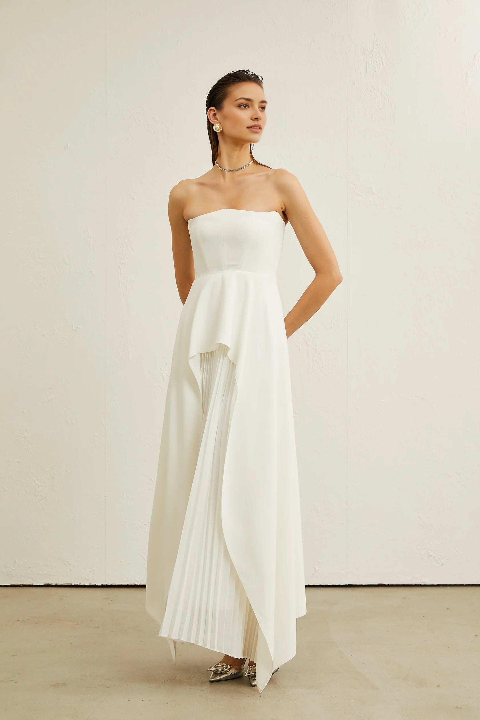 White Strapless Maxi Dress with Pleated Detail Vanessa white pleated off-shoulder maxi dress Evening Dress