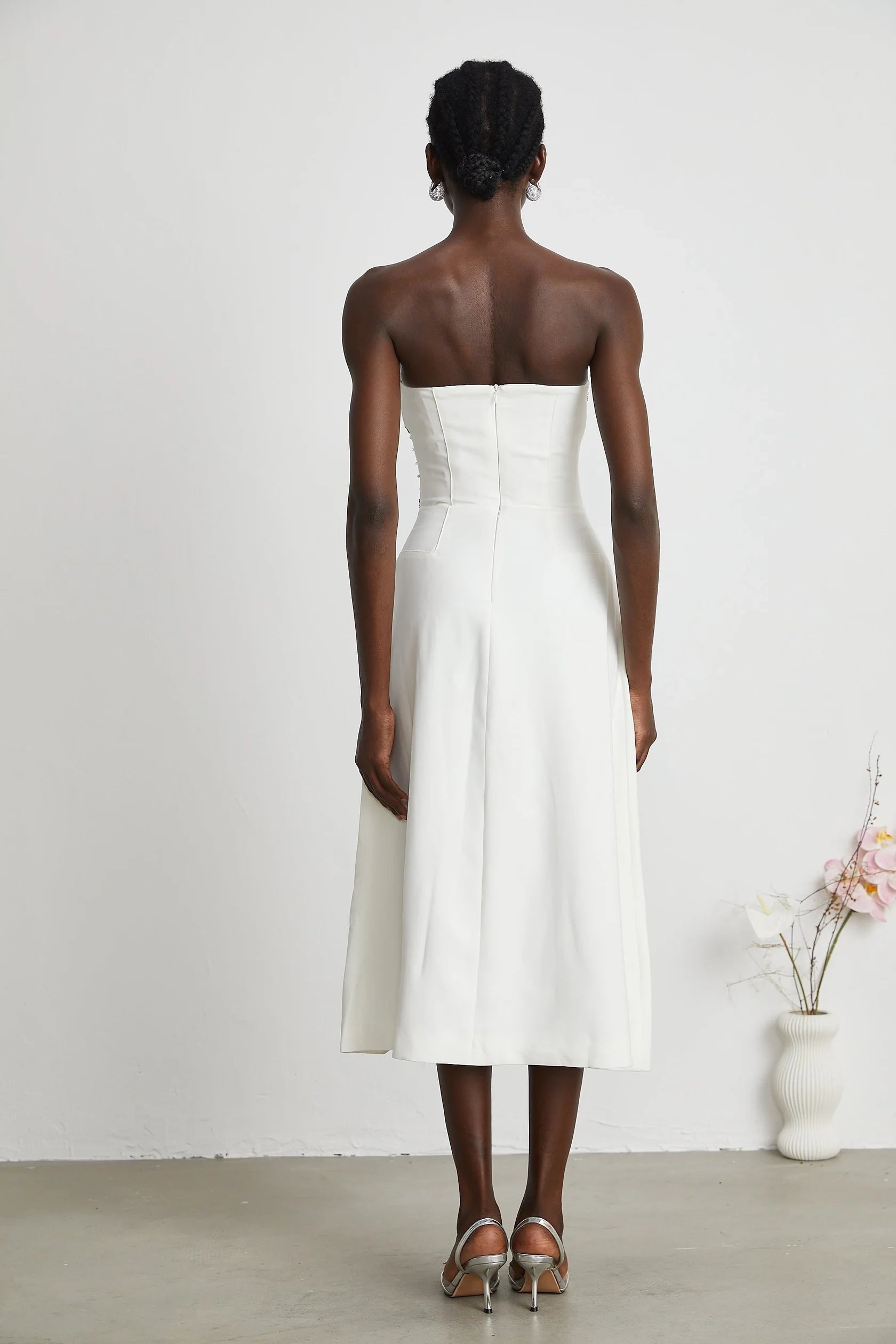 White Strapless Midi Dress with Crystal Embellishments white embellished midi dress Evening Dress