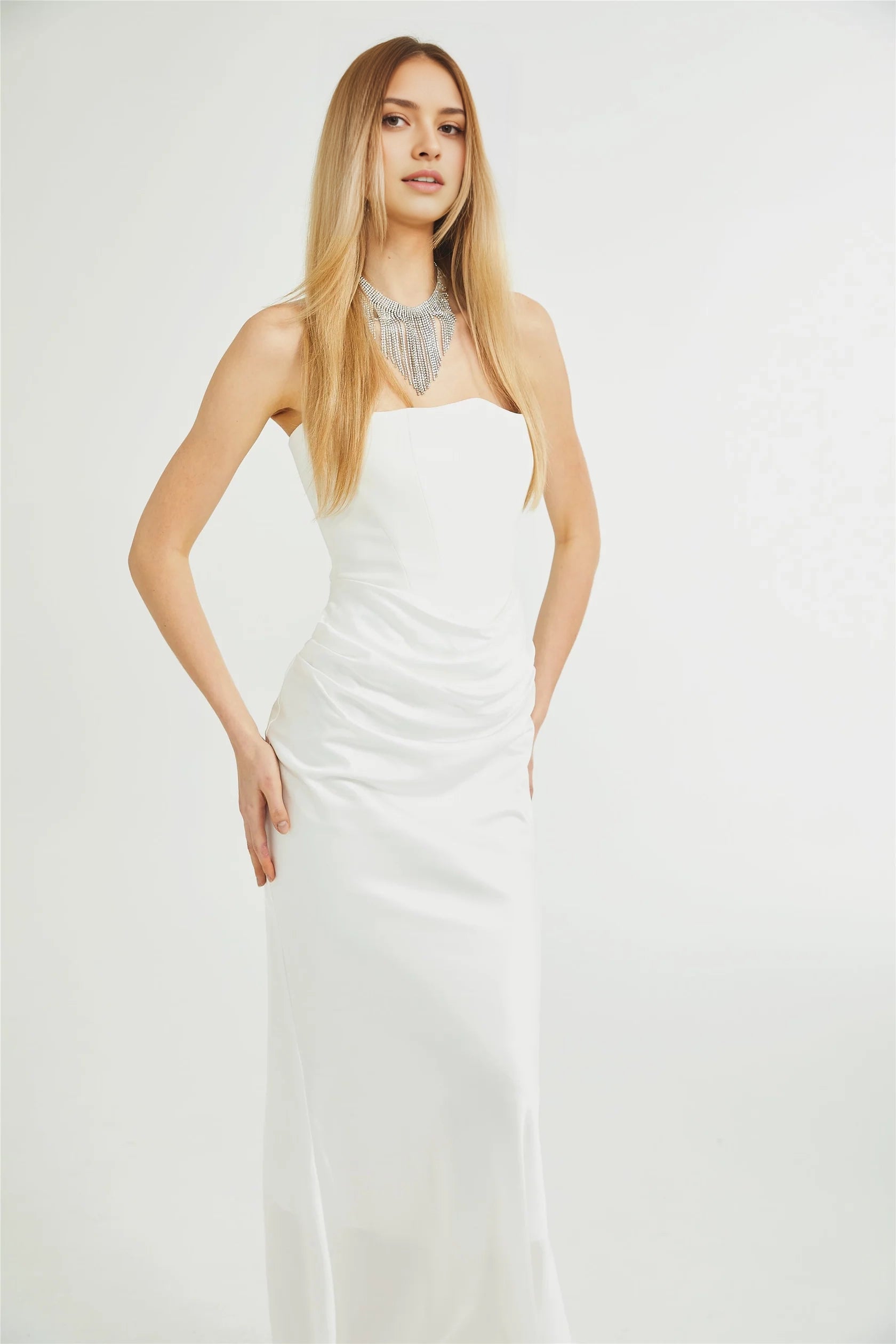 White Strapless Ruched Maxi Dress Aurore Off-Shoulder Maxi Dress Evening Dress