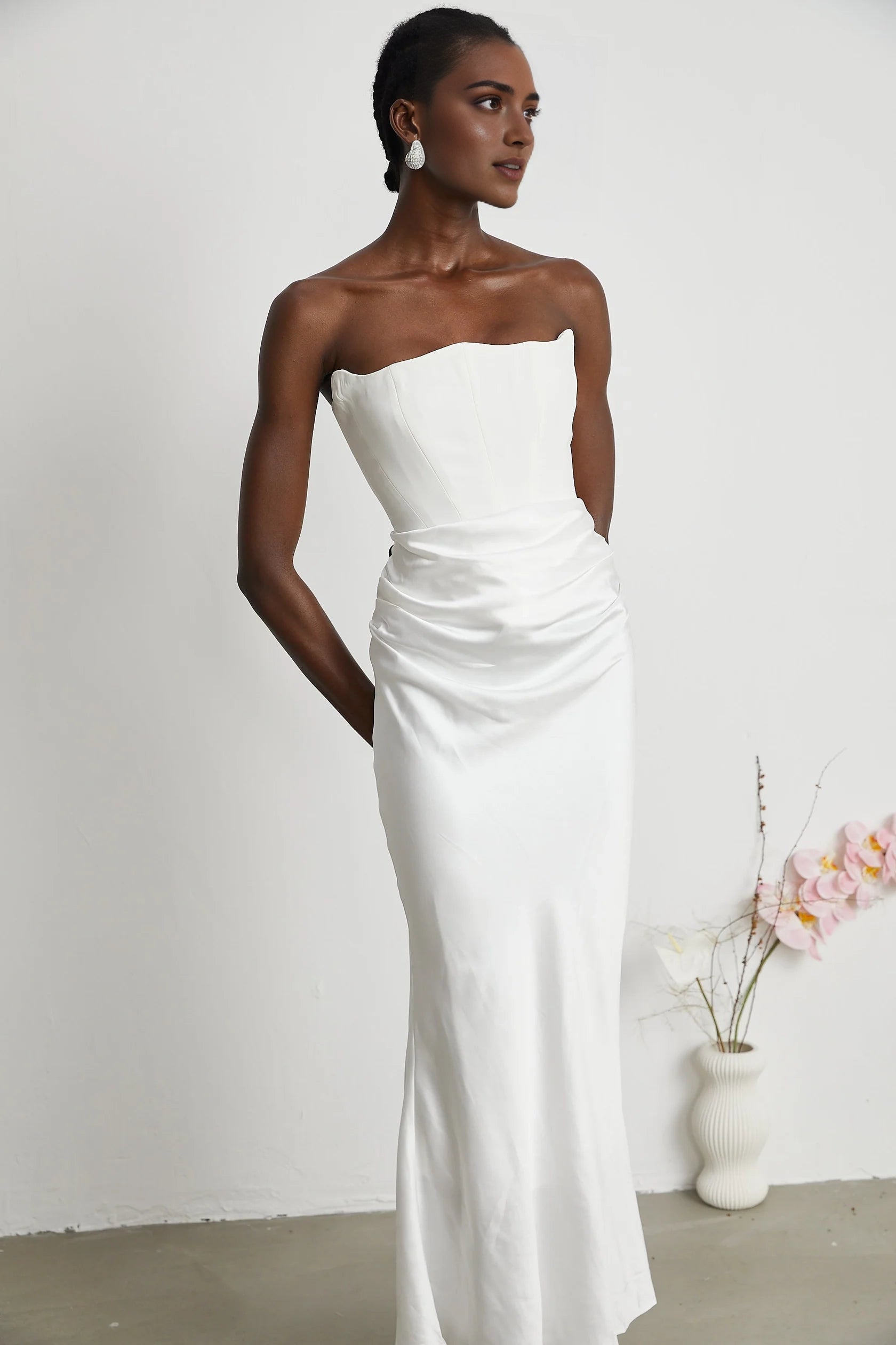 White Strapless Ruched Satin Maxi Dress Aurore Off-Shoulder Maxi Dress Evening Dress