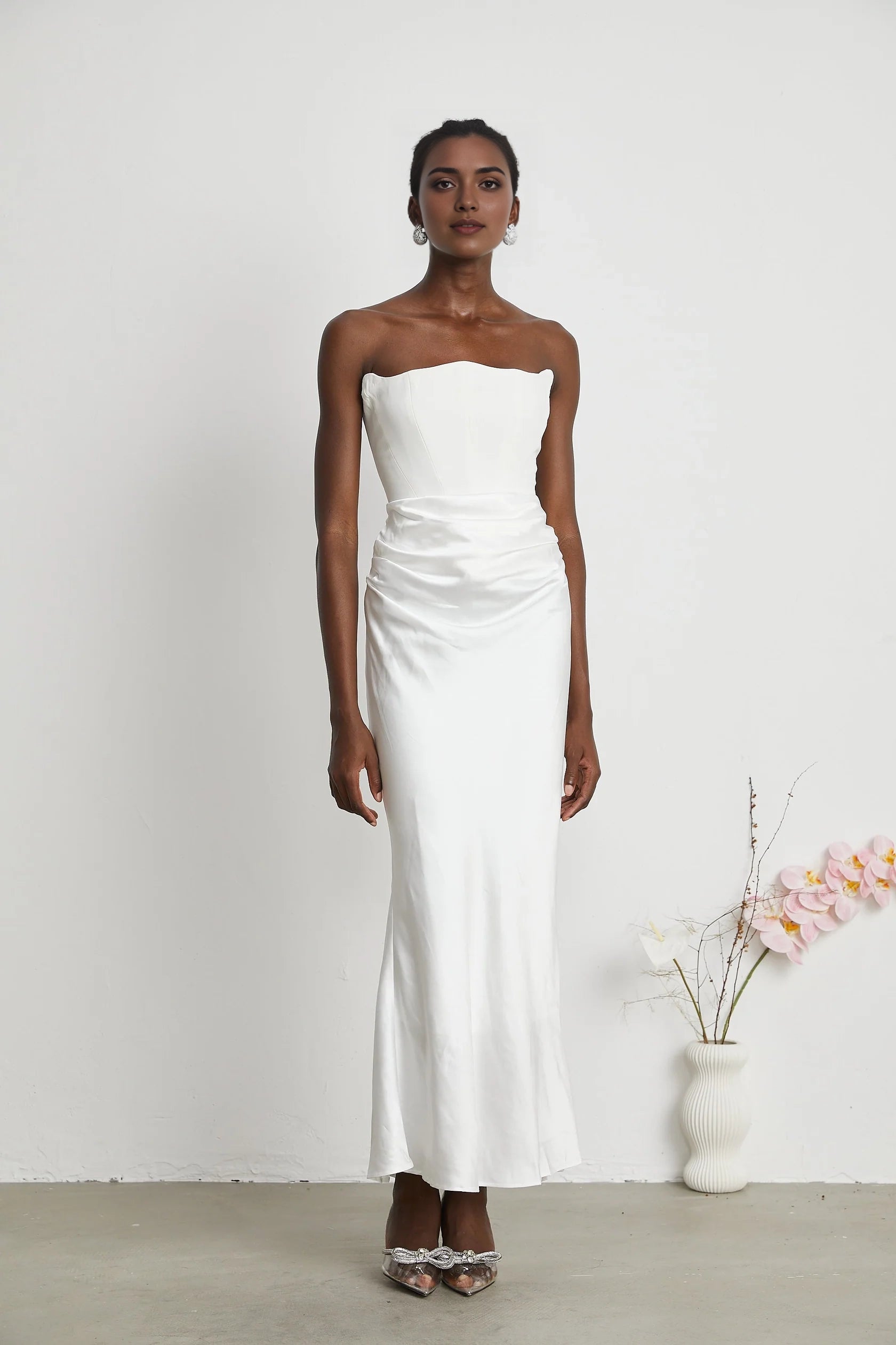 White Strapless Ruched Satin Maxi Dress Aurore Off-Shoulder Maxi Dress Evening Dress