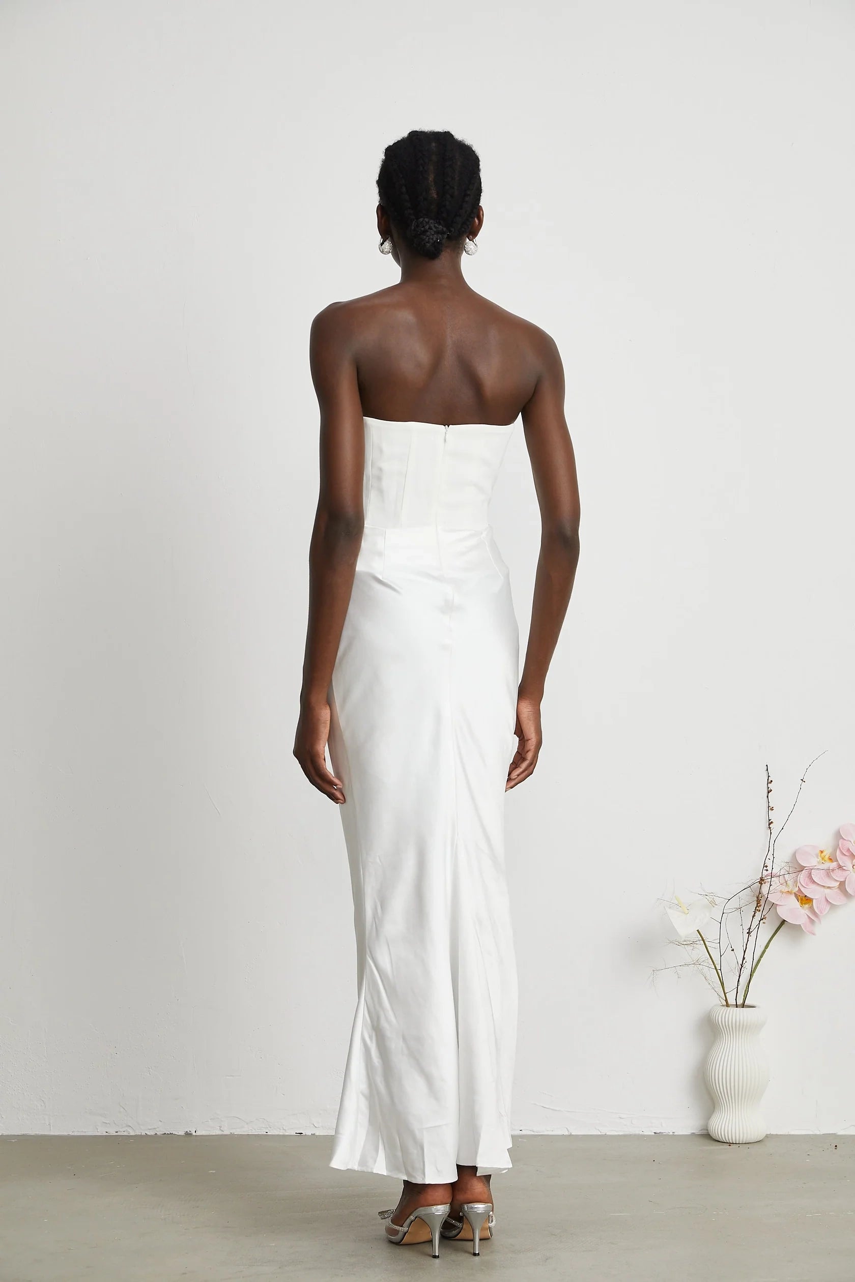 White Strapless Ruched Satin Maxi Dress Aurore Off-Shoulder Maxi Dress Evening Dress