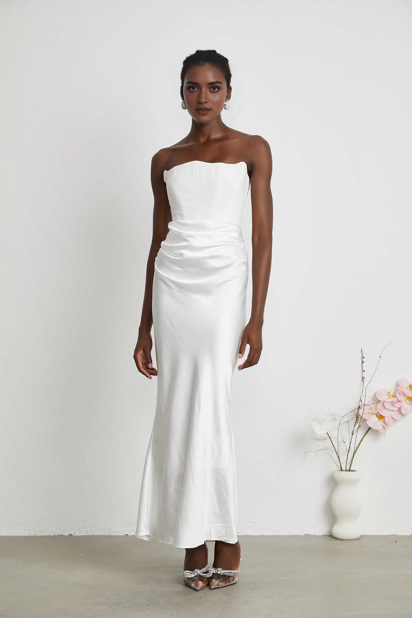 White Strapless Ruched Satin Maxi Dress Aurore Off-Shoulder Maxi Dress Evening Dress