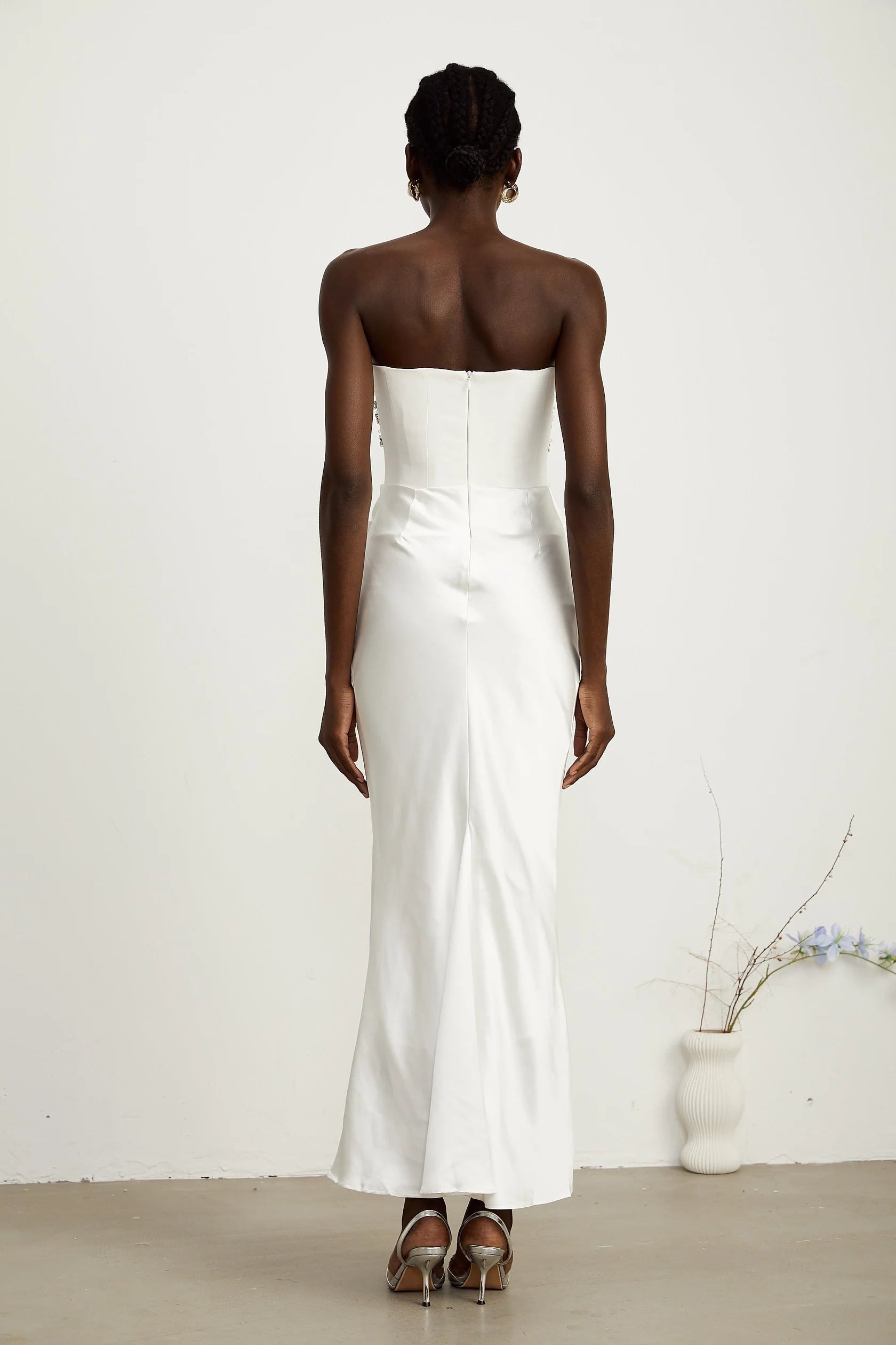 White Strapless Satin Maxi Dress with Embellished Bodice Aurore White Crystal Embellished Maxi Dress Evening Dress