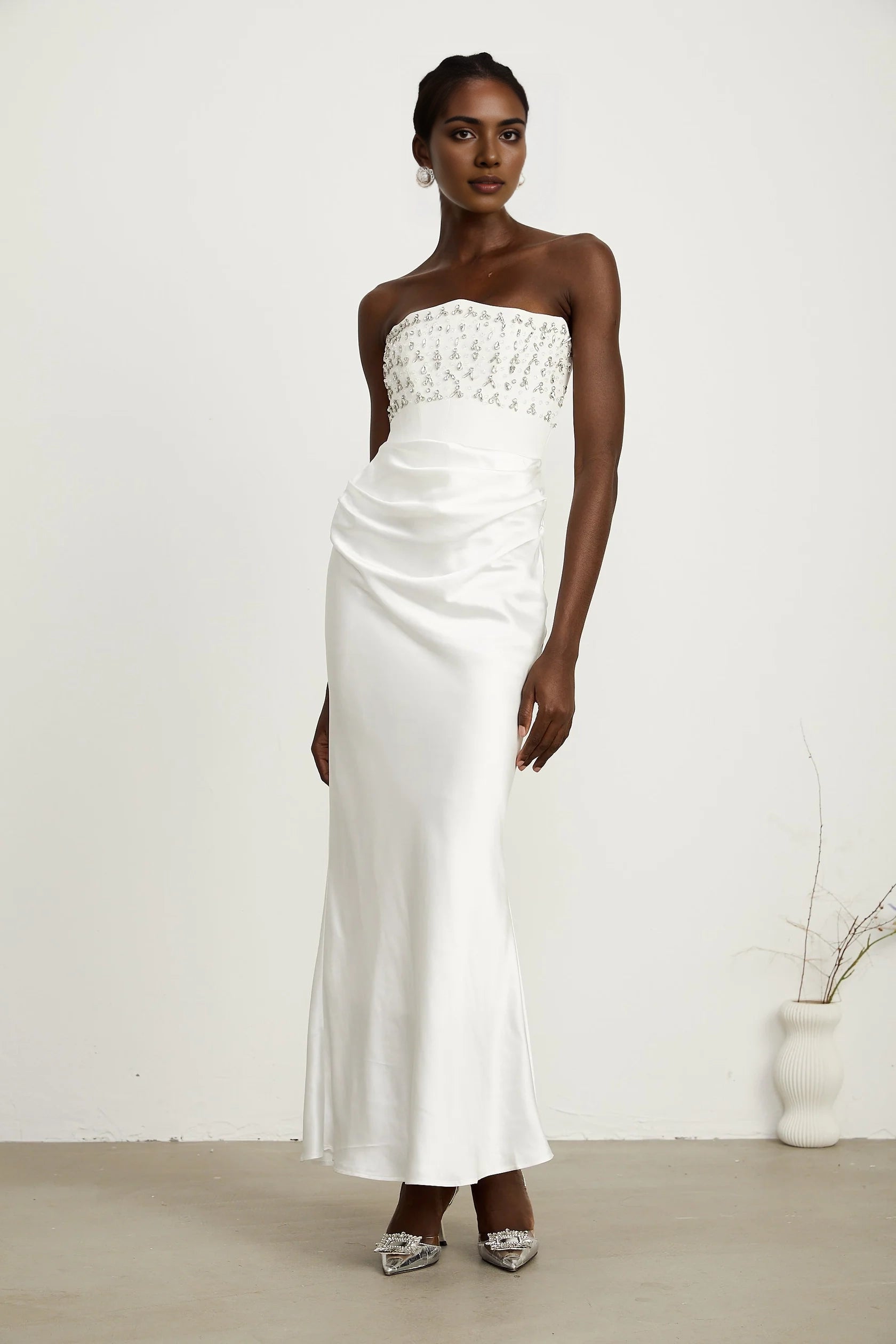 White Strapless Satin Maxi Dress with Embellished Bodice Aurore White Crystal Embellished Maxi Dress Evening Dress