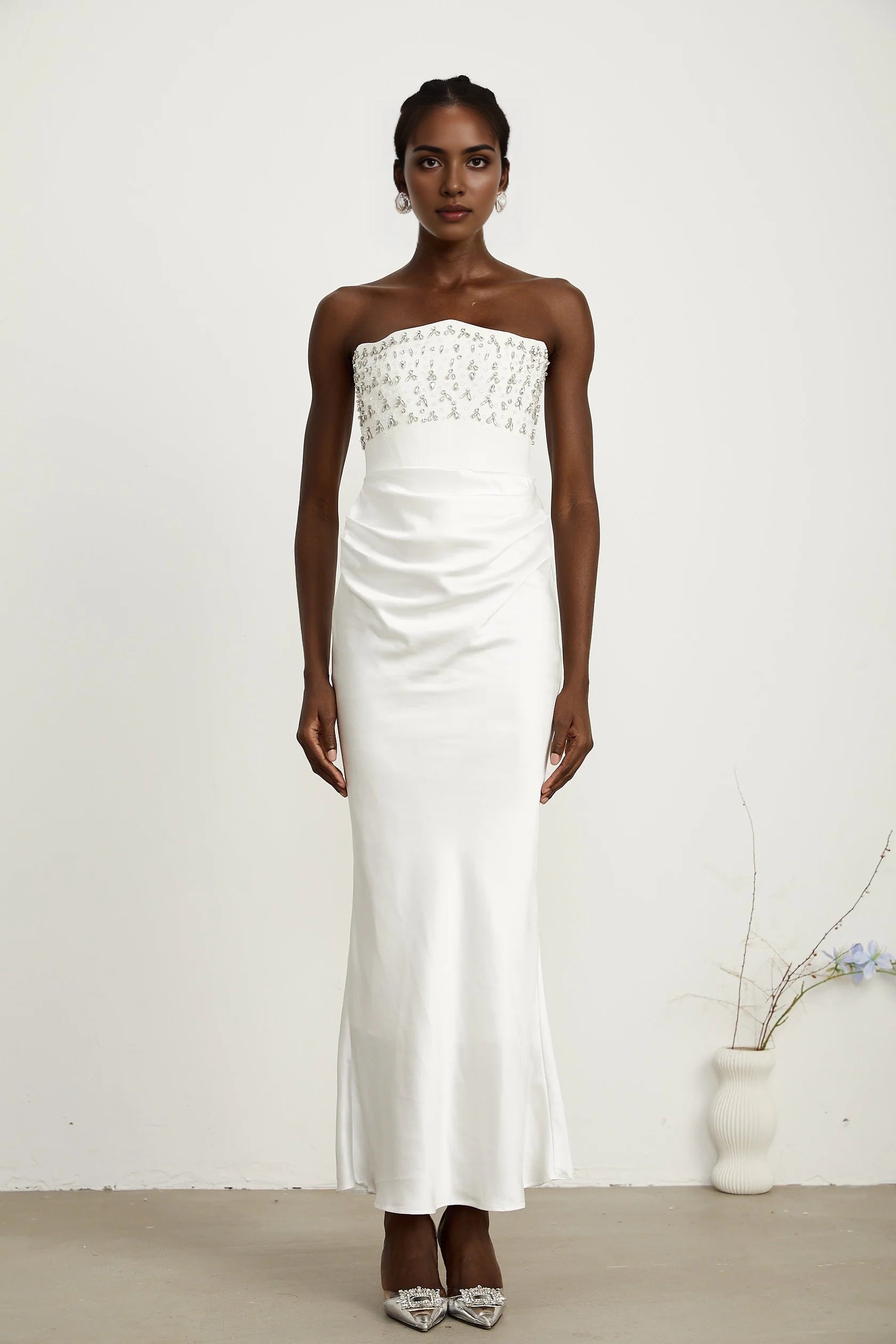 White Strapless Satin Maxi Dress with Embellished Bodice Aurore White Crystal Embellished Maxi Dress Evening Dress