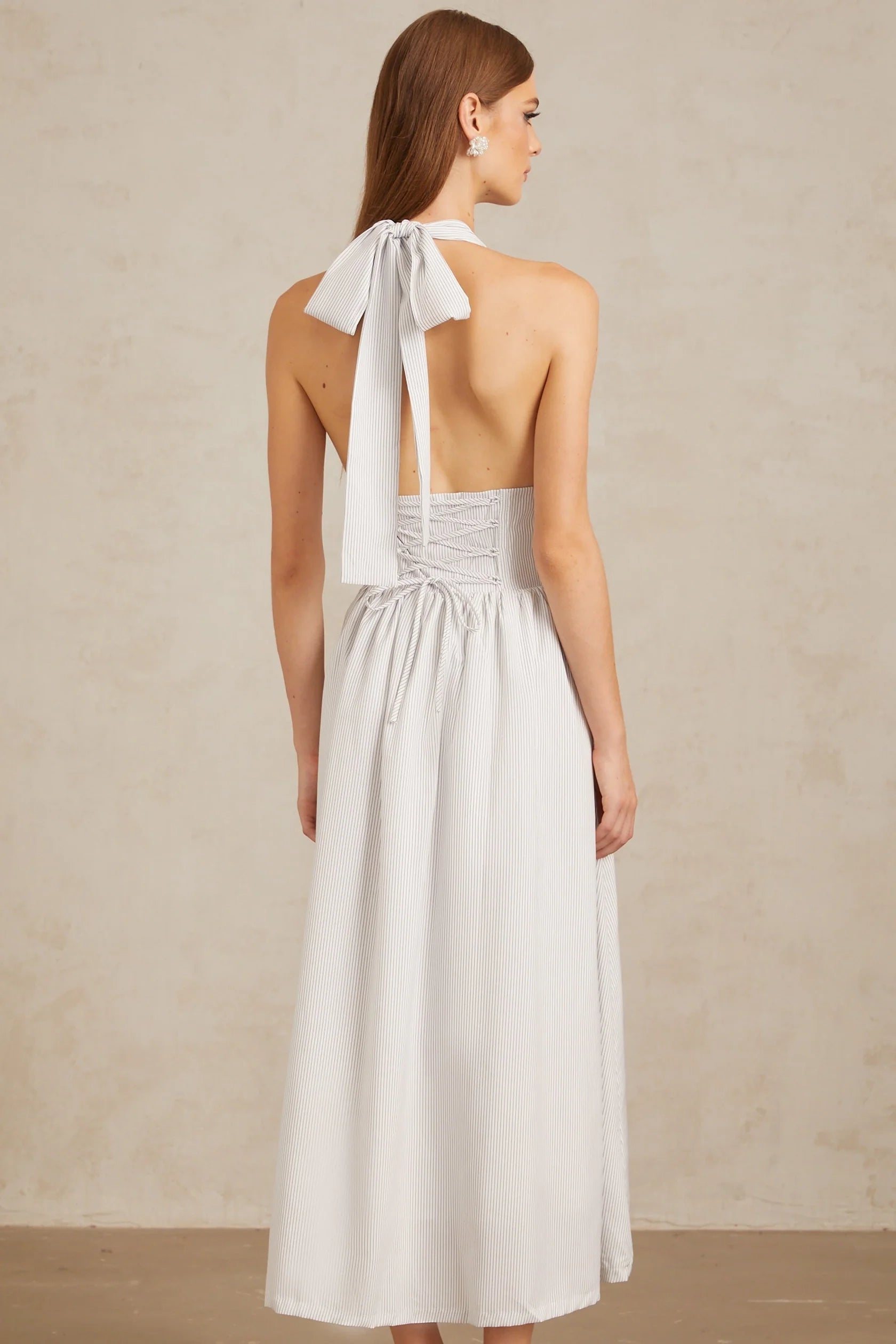 White Striped Halter Neck Bow Midi Dress White Stripe Pattern Halterneck Midi Dress Evening Dress