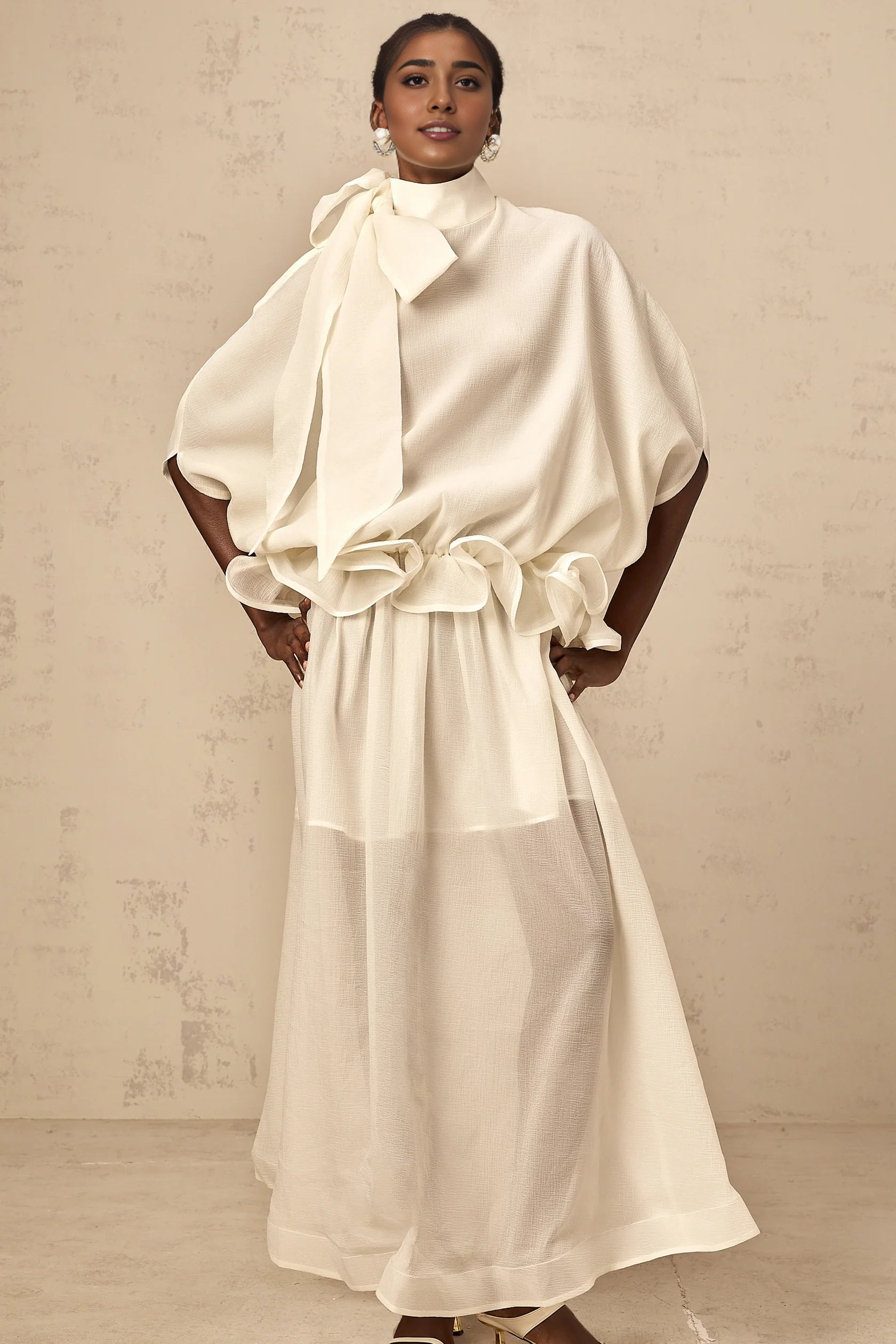 White Tie Neck Ruffled Sheer Maxi Dress white tie-neck ruffled maxi dress Evening Dress