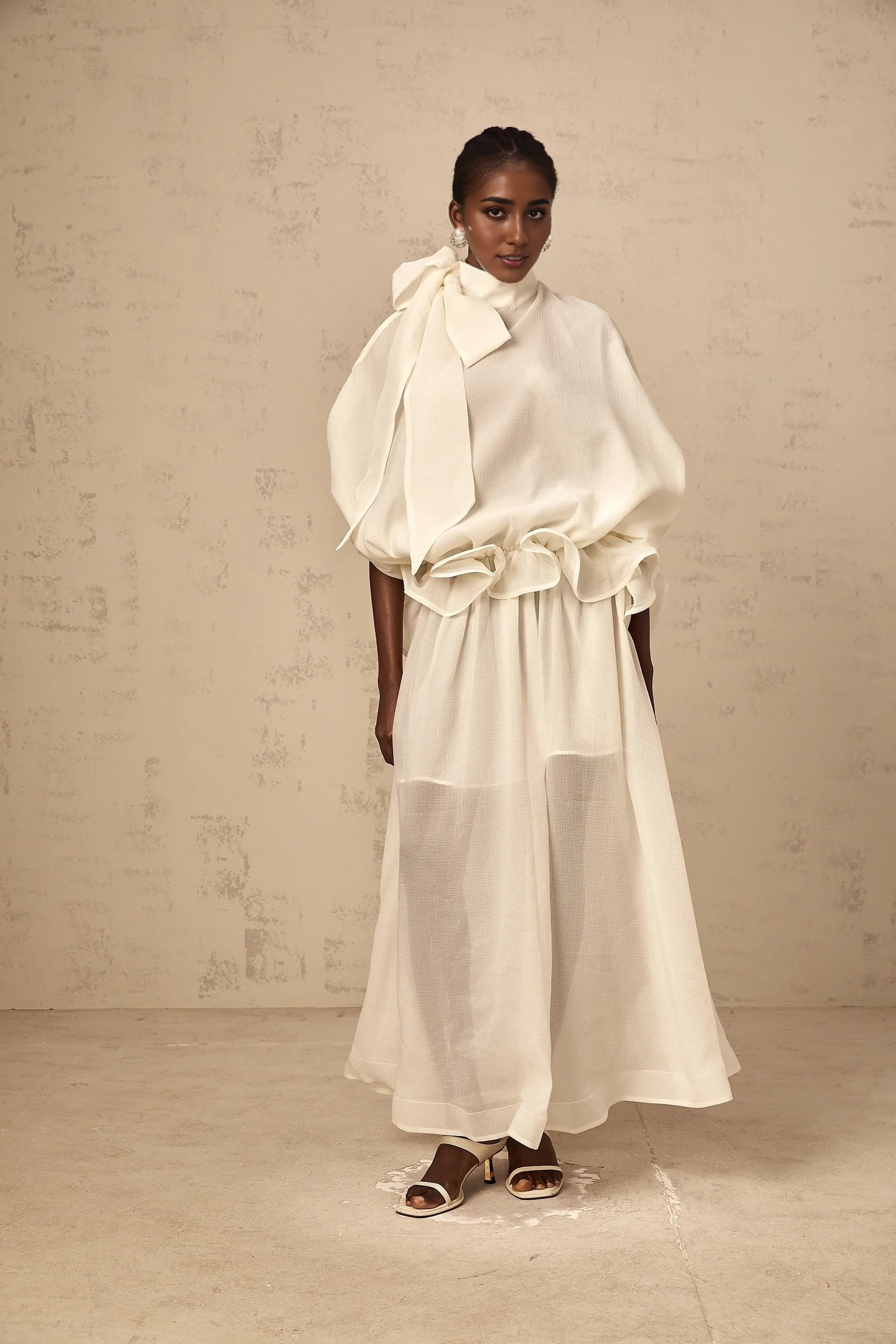 White Tie Neck Ruffled Sheer Maxi Dress white tie-neck ruffled maxi dress Evening Dress