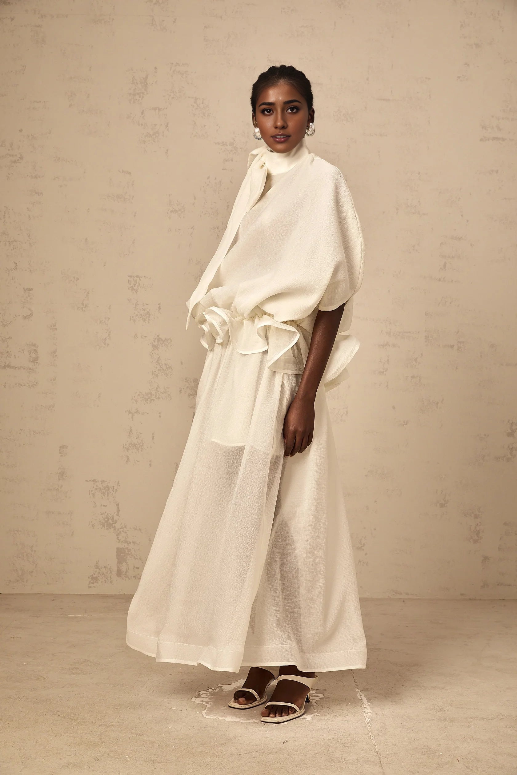 White Tie Neck Ruffled Sheer Maxi Dress white tie-neck ruffled maxi dress Evening Dress