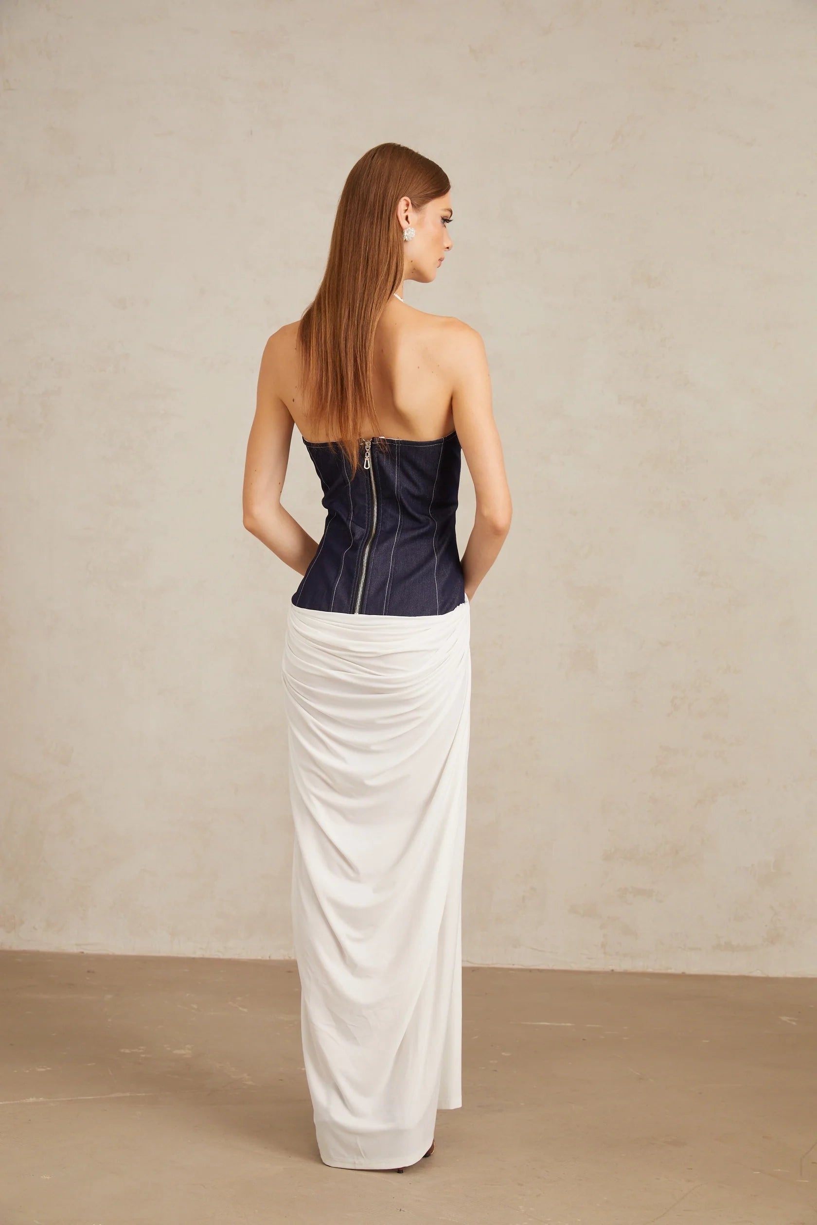 White and Navy Blue Halter Neck Maxi Dress with Side Slit Airi White Halterneck Denim Panel Maxi Dress Evening Dress