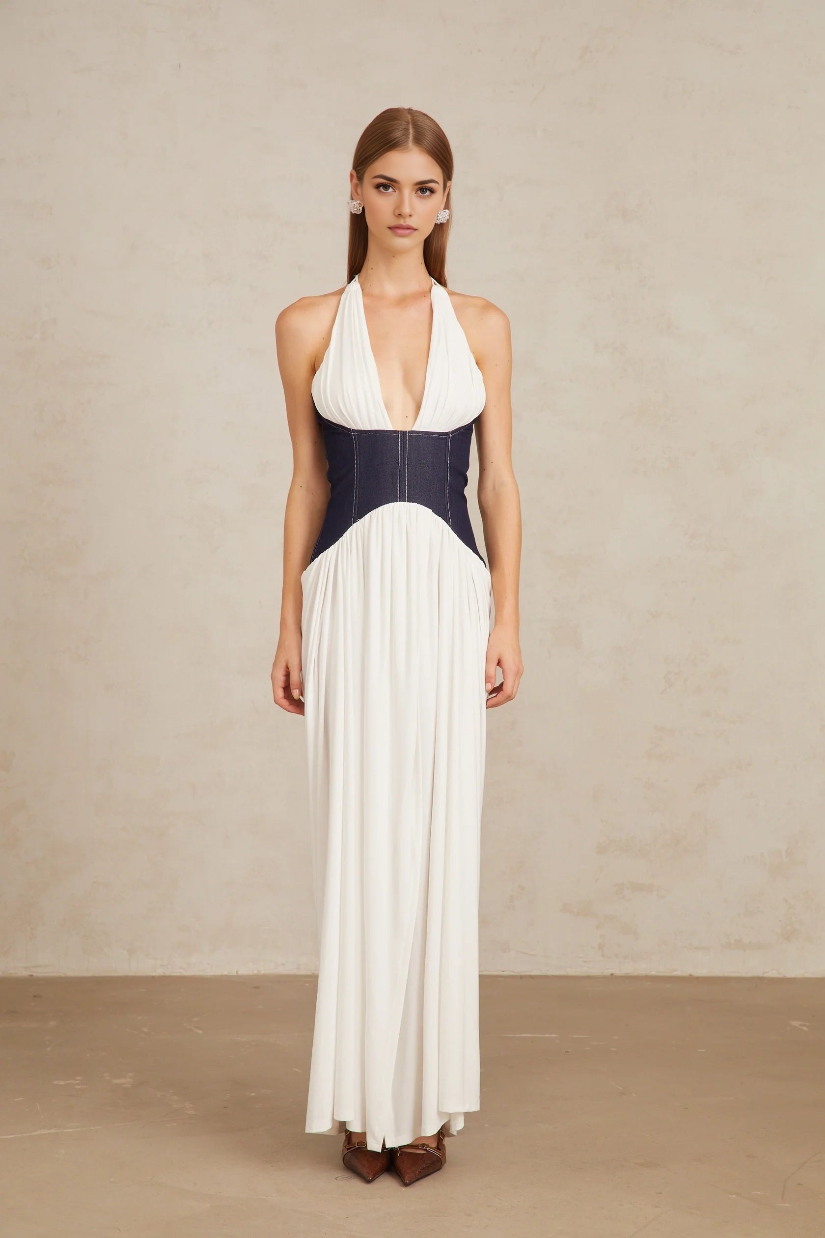 White and Navy Blue Halter Neck Maxi Dress with Side Slit Airi White Halterneck Denim Panel Maxi Dress Evening Dress