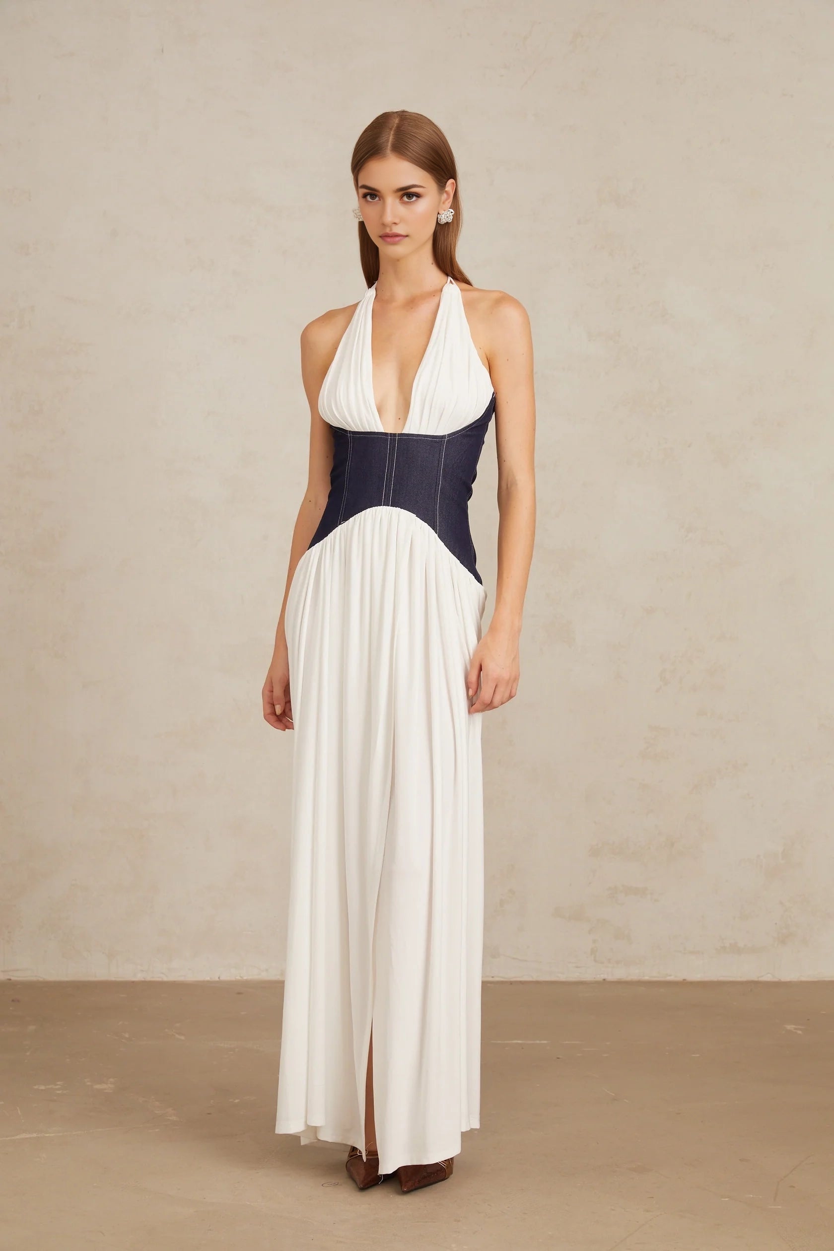 White and Navy Blue Halter Neck Maxi Dress with Side Slit Airi White Halterneck Denim Panel Maxi Dress Evening Dress