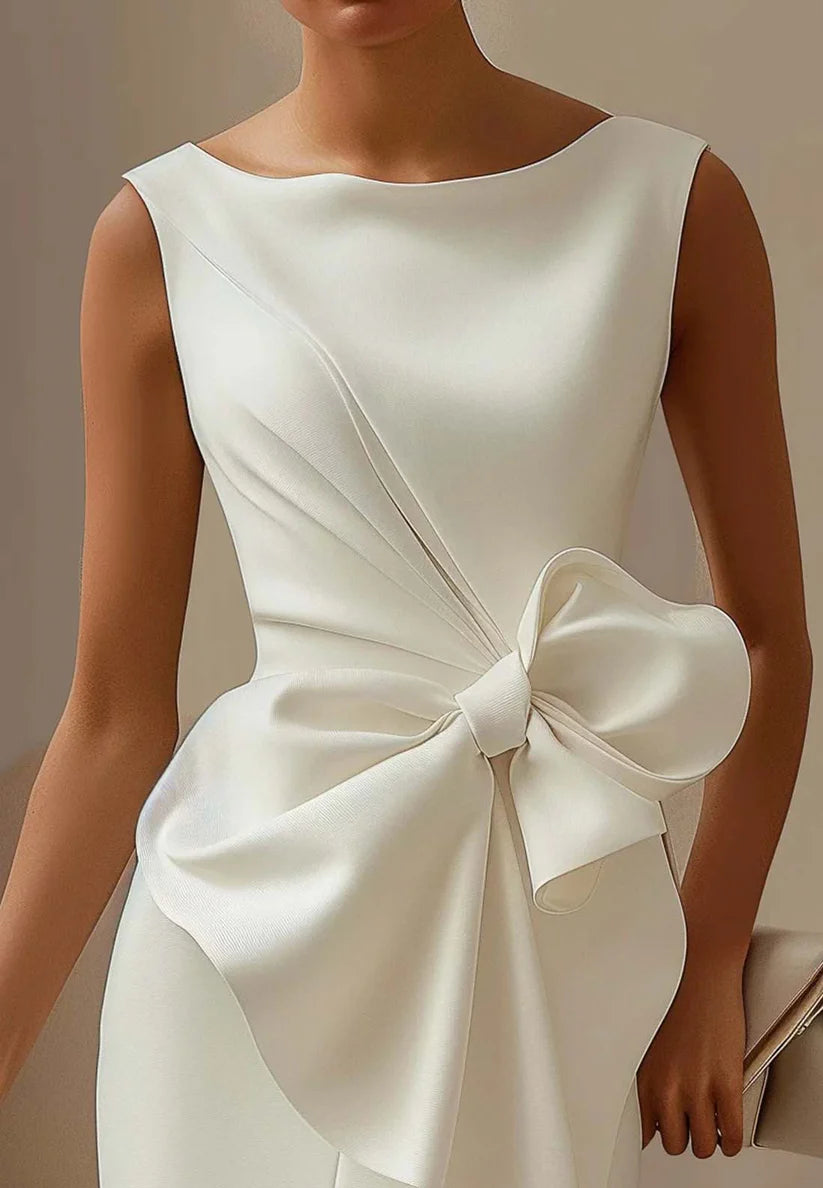 White 3D Bow Sleeveless Sheath Midi Dress simple gentle atmospheric and unique desi Bring summer colors to enhance whiteness