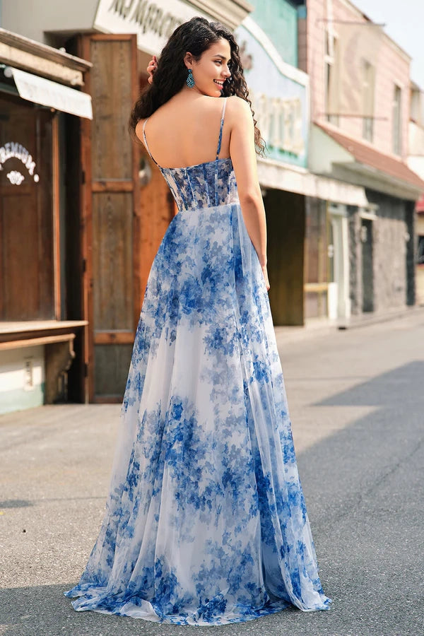White Blue Flower A-Line Spaghetti Straps Ruched Corset Long Prom Dress With Slit simple gentle atmospheric and unique desi Bring summer colors to enhance whiteness