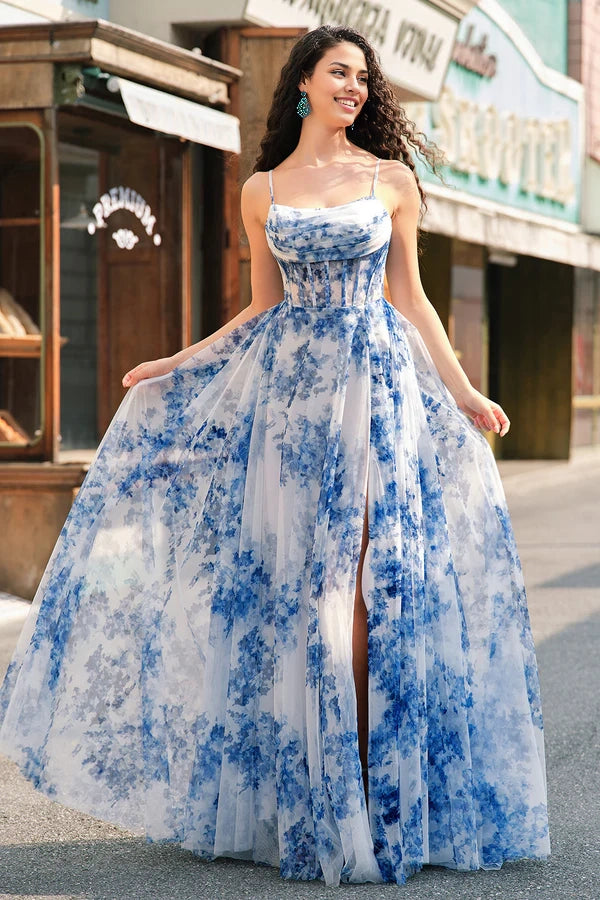 White Blue Flower A-Line Spaghetti Straps Ruched Corset Long Prom Dress With Slit simple gentle atmospheric and unique desi Bring summer colors to enhance whiteness