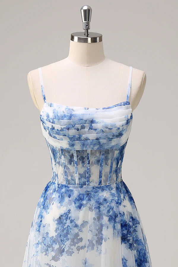 White Blue Flower Spaghetti Straps Ruched Corset Long Prom Dress With Slit simple gentle atmospheric and unique desi