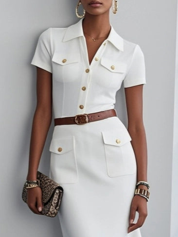 White Buckle Pocket Stitching Shirt Dress Shirt Collar Short Sleeve Mermaid Midi Dress simple gentle atmospheric and unique desi Bring summer colors to enhance whiteness