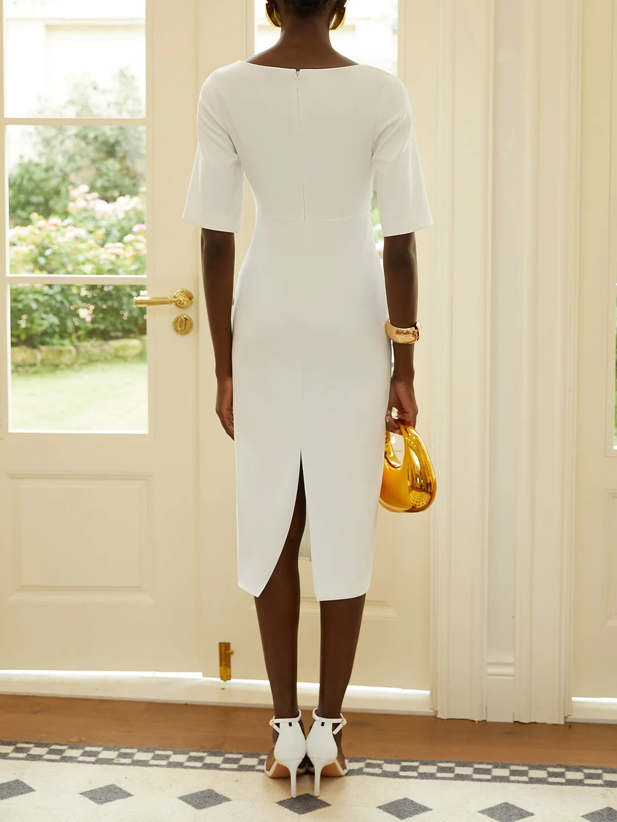 White Buttoned Classic Crew Neck Short Sleeve Sheath Midi Dress simple gentle atmospheric and unique desi Bring summer colors to enhance whiteness