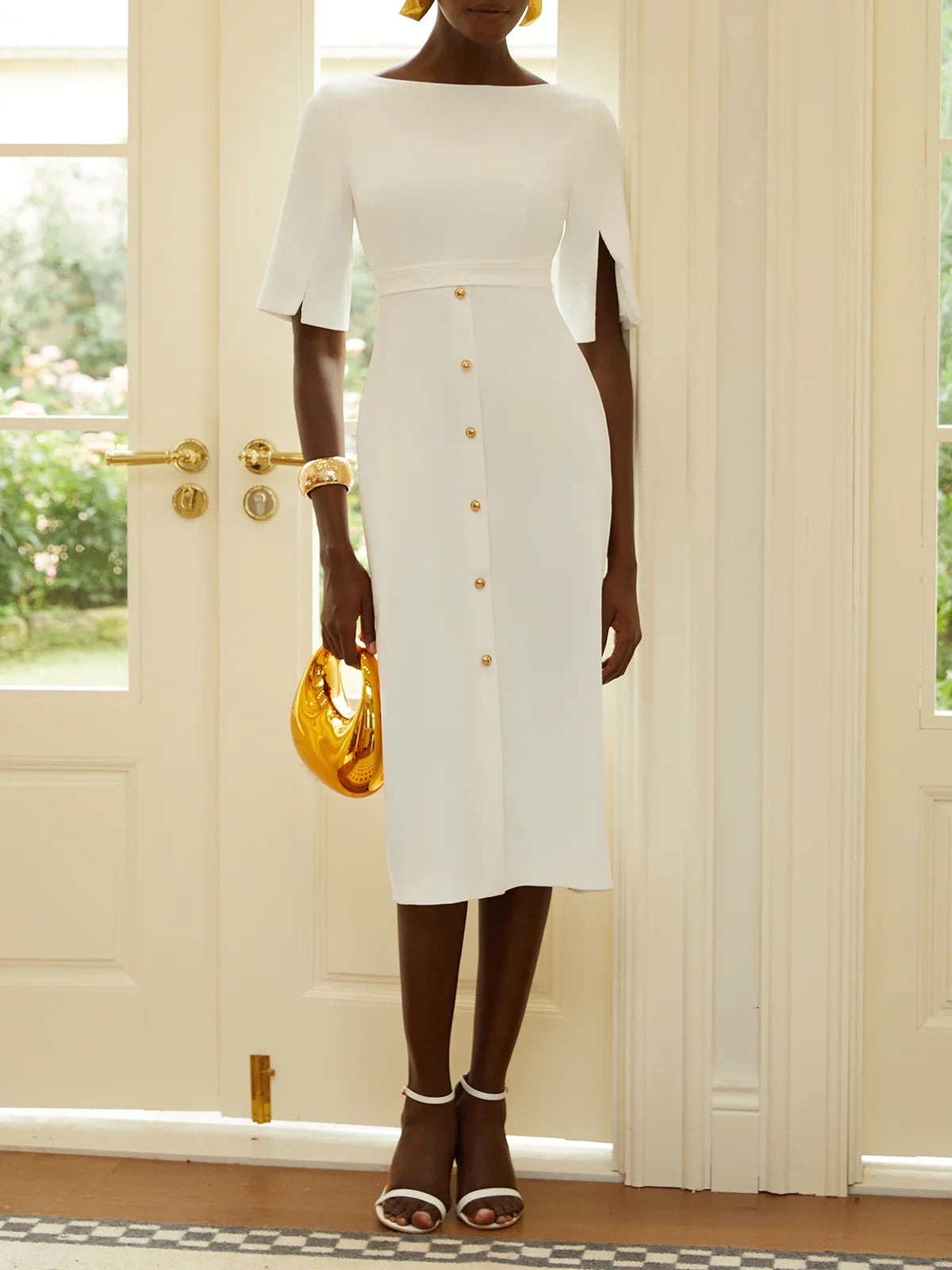 White Buttoned Classic Crew Neck Short Sleeve Sheath Midi Dress simple gentle atmospheric and unique desi Bring summer colors to enhance whiteness