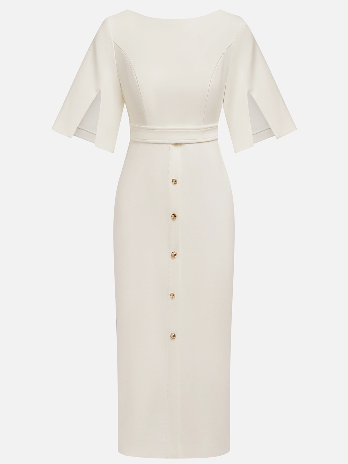White Buttoned Classic Crew Neck Short Sleeve Sheath Midi Dress simple gentle atmospheric and unique desi Bring summer colors to enhance whiteness