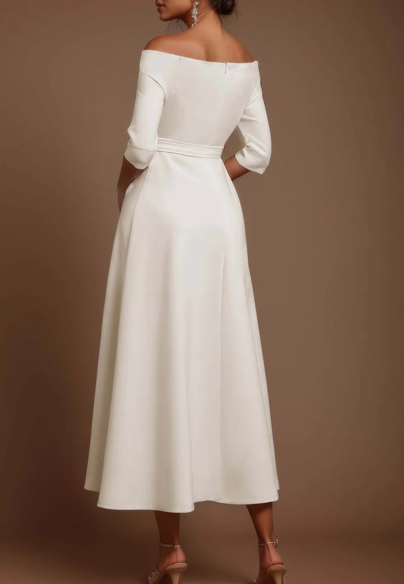 White Classic Off The Shoulder Half Sleeve A-Line Maxi Dress simple gentle atmospheric and unique desi Bring summer colors to enhance whiteness