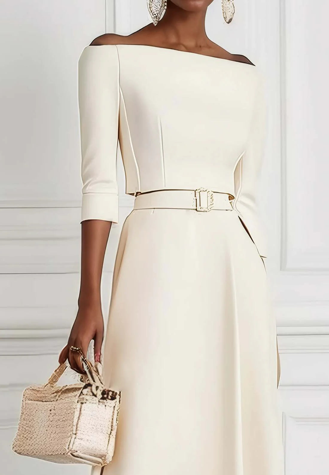 White Classic Off The Shoulder Half Sleeve A-Line Maxi Dress simple gentle atmospheric and unique desi Bring summer colors to enhance whiteness