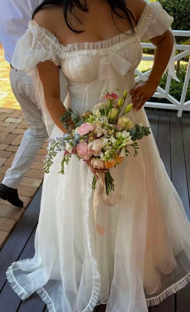 White Cute A Line Puff Organza Long Prom Dress Party Dress Birthday Dress simple gentle atmospheric and unique desi Bring summer colors to enhance whiteness