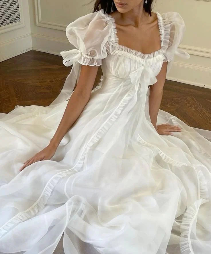 White Cute A Line Puff Organza Long Prom Dress Party Dress Birthday Dress simple gentle atmospheric and unique desi Bring summer colors to enhance whiteness