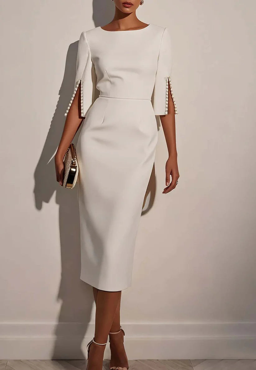 White Imitation Pearls Classic Crew Neck Half Sleeve Sheath Midi Dress simple gentle atmospheric and unique desi Bring summer colors to enhance whiteness