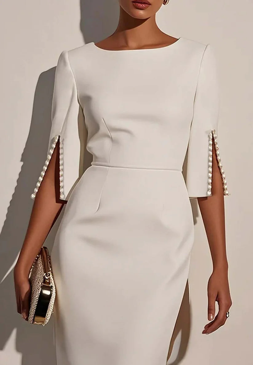 White Imitation Pearls Classic Crew Neck Half Sleeve Sheath Midi Dress simple gentle atmospheric and unique desi Bring summer colors to enhance whiteness