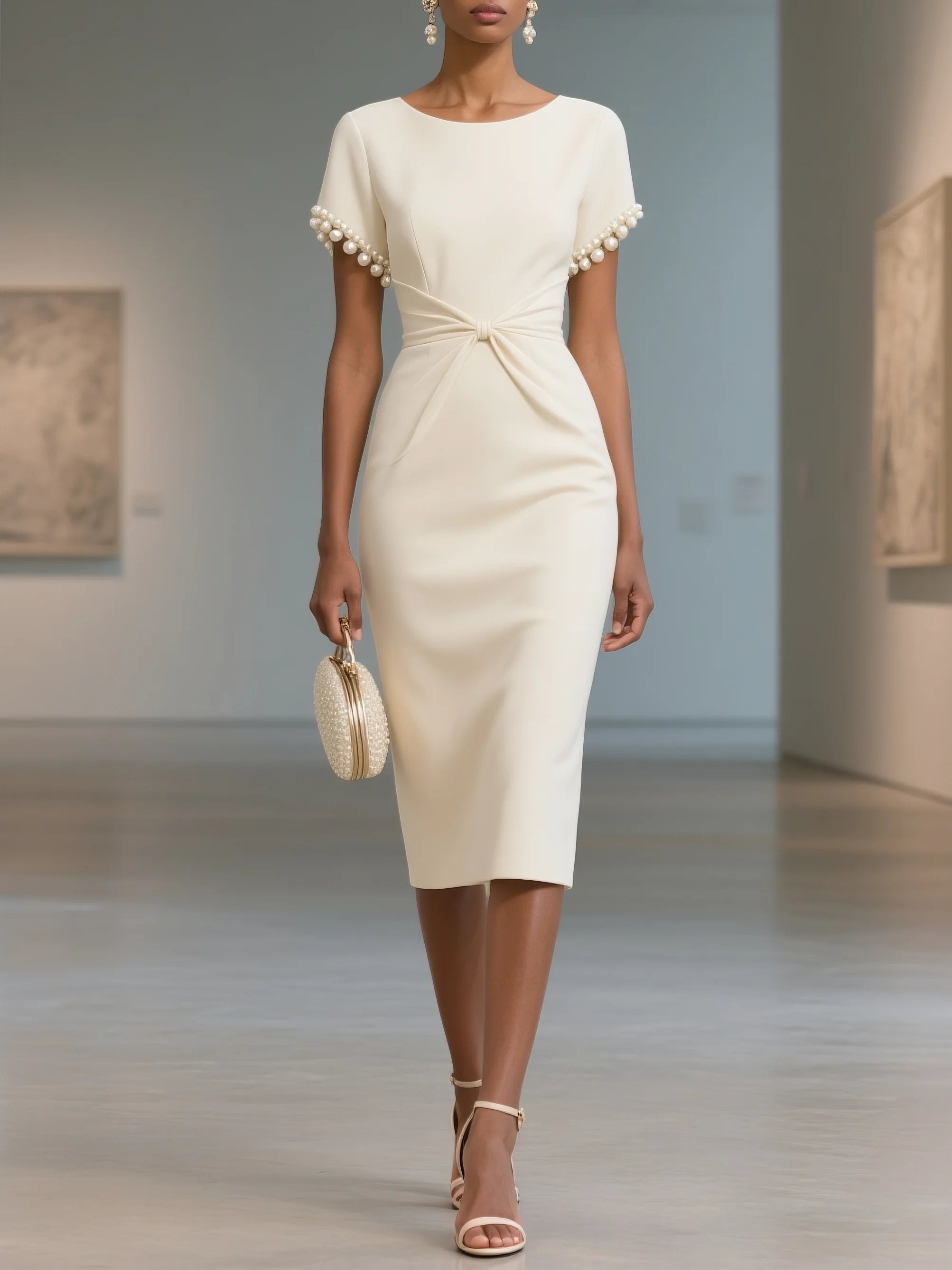 White Imitation Pearls Knot Front Classic Boat Neck Short Sleeve Sheath Midi Dress simple gentle atmospheric and unique desi Bring summer colors to enhance whiteness