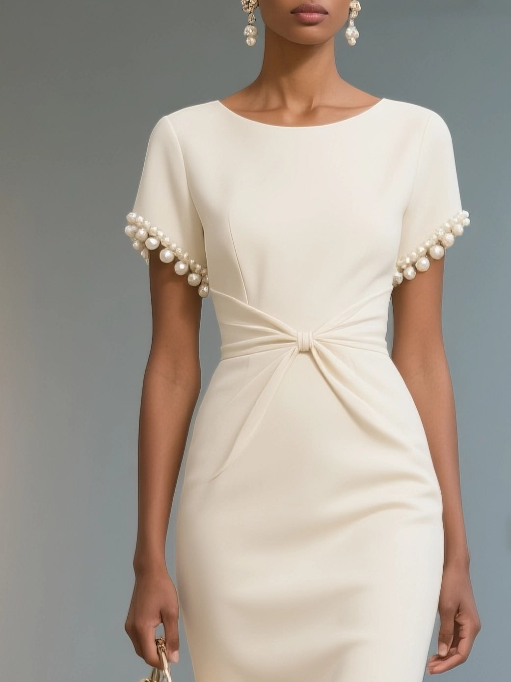 White Imitation Pearls Knot Front Classic Boat Neck Short Sleeve Sheath Midi Dress simple gentle atmospheric and unique desi Bring summer colors to enhance whiteness