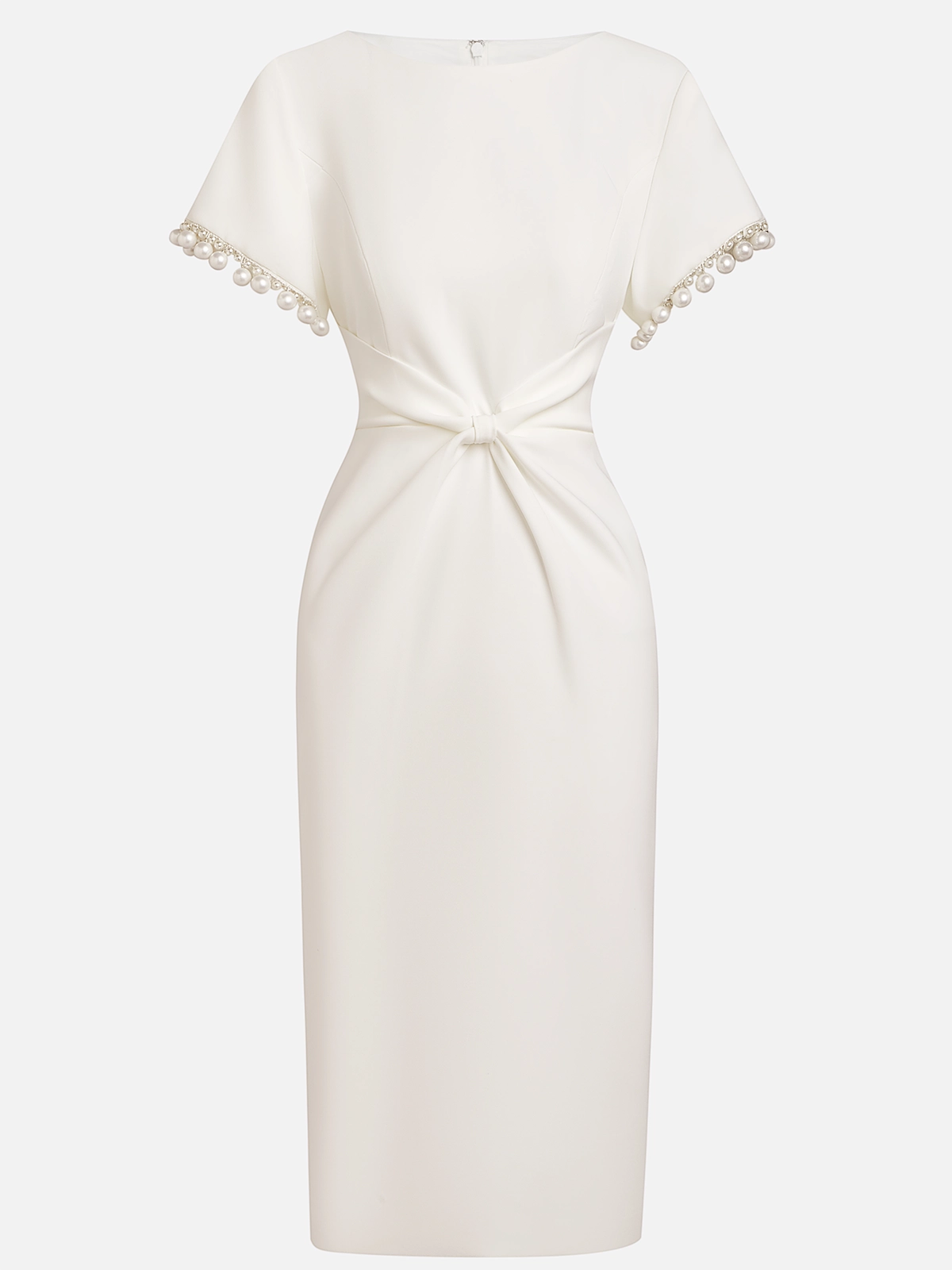 White Imitation Pearls Knot Front Classic Boat Neck Short Sleeve Sheath Midi Dress simple gentle atmospheric and unique desi Bring summer colors to enhance whiteness