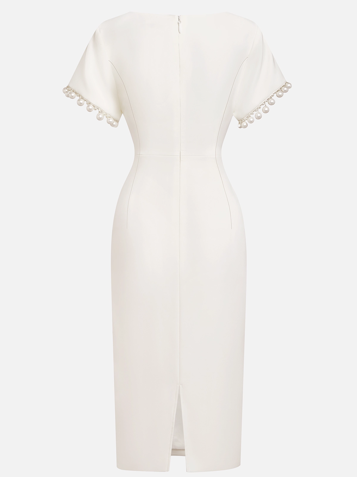 White Imitation Pearls Knot Front Classic Boat Neck Short Sleeve Sheath Midi Dress simple gentle atmospheric and unique desi Bring summer colors to enhance whiteness