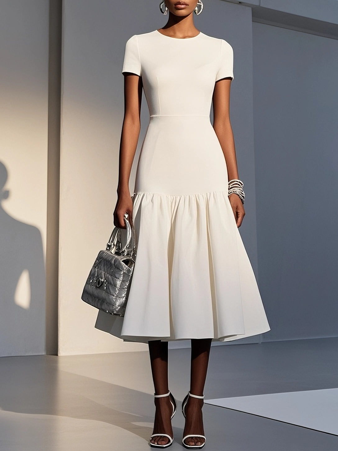 White Knit Crew Neck Short Sleeve Mermaid Midi Dress simple gentle atmospheric and unique desi Bring summer colors to enhance whiteness ﻿