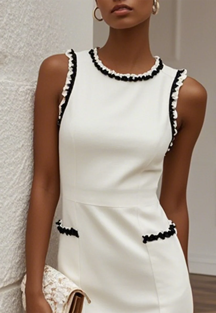 White Lace Classic Crew Neck Sleeveless Balloon Sleeve Sheath Midi Dress simple gentle atmospheric and unique desi Bring summer colors to enhance whiteness