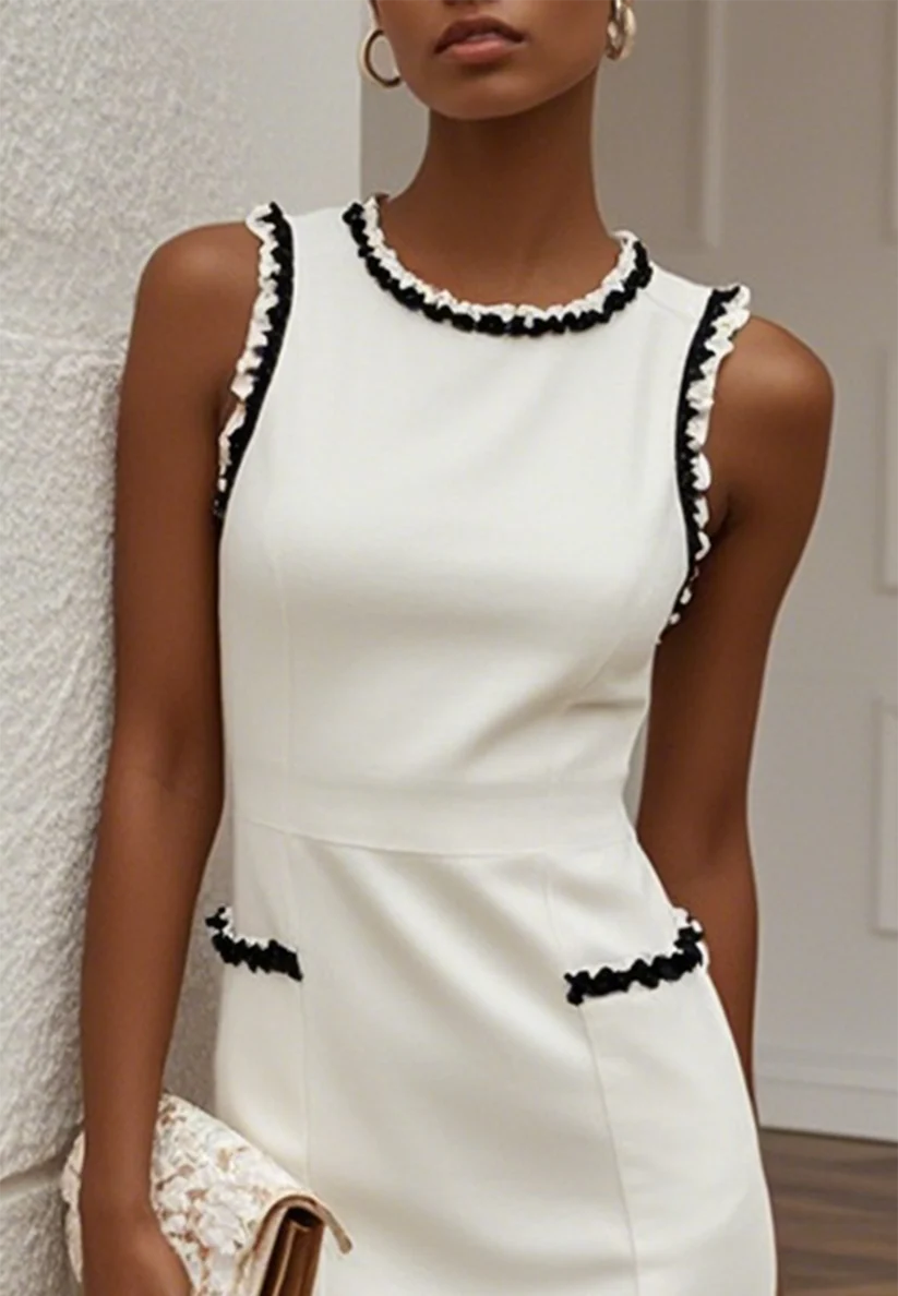 White Lace Classic Crew Neck Sleeveless Balloon Sleeve Sheath Midi Dress simple gentle atmospheric and unique desi Bring summer colors to enhance whiteness