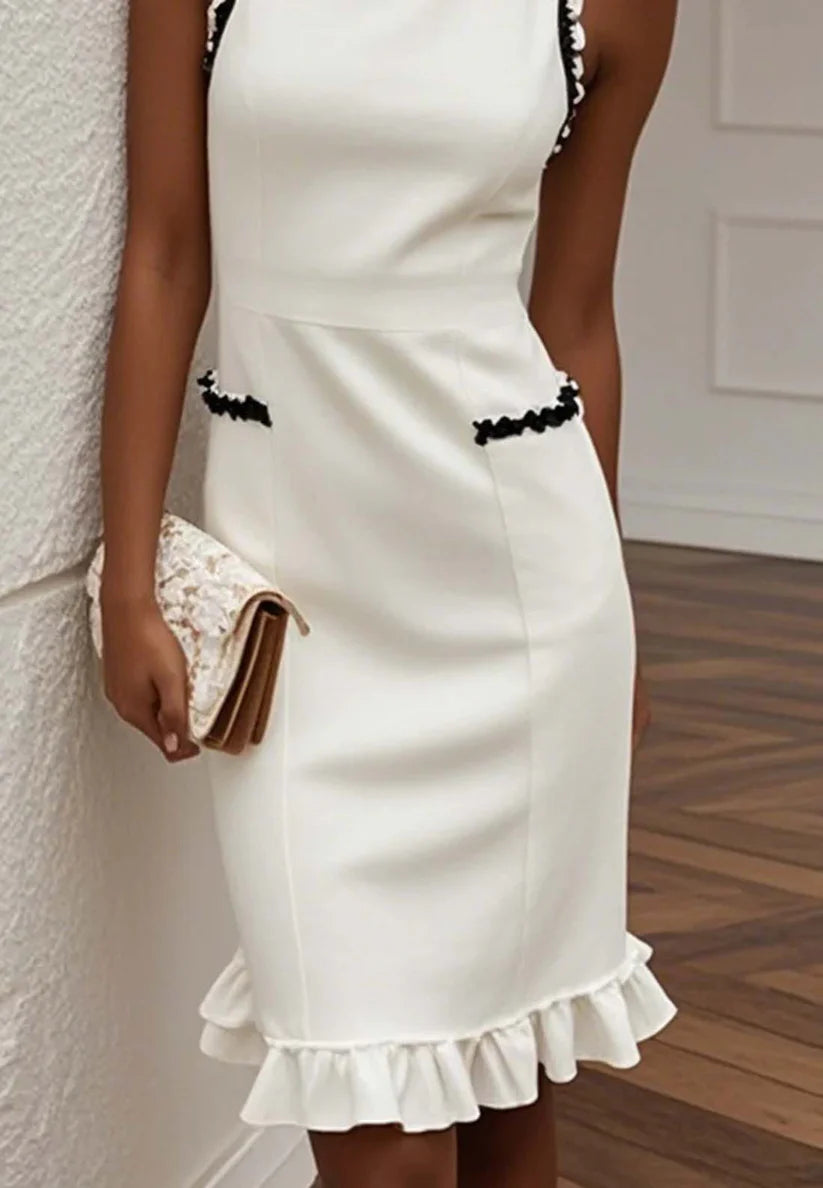 White Lace Classic Crew Neck Sleeveless Balloon Sleeve Sheath Midi Dress simple gentle atmospheric and unique desi Bring summer colors to enhance whiteness