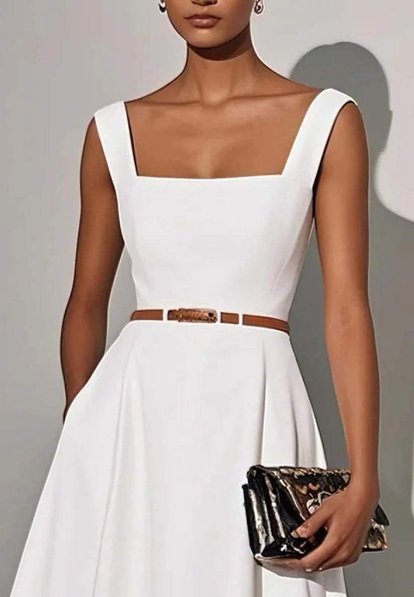 White Lace Classic Square Neck Sleeveless A-Line Maxi Dress simple gentle atmospheric and unique desi Bring summer colors to enhance whiteness