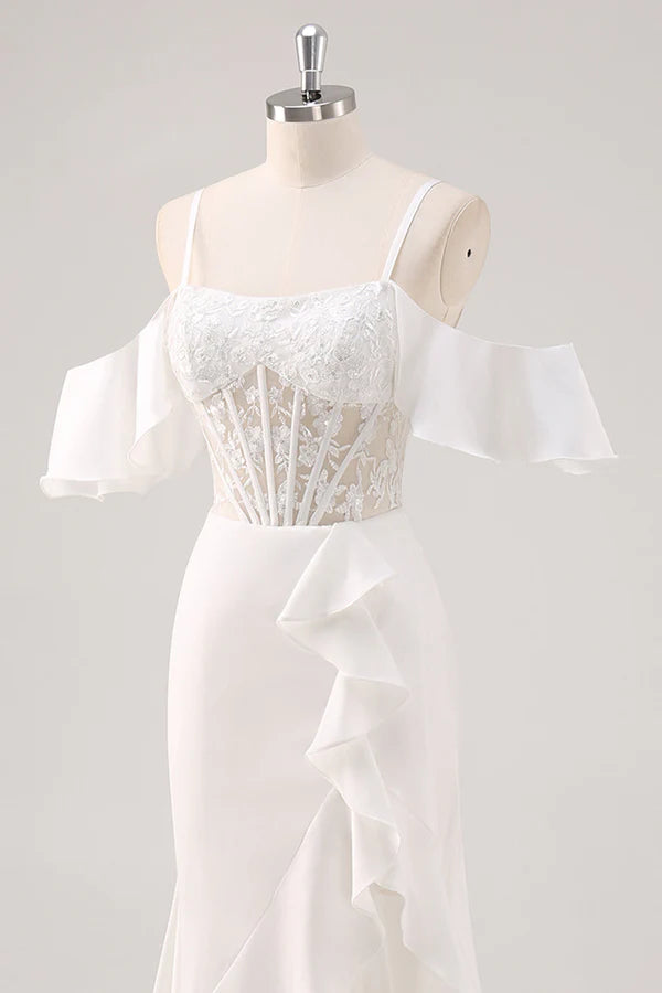 White Mermaid Cold Shoulder Corset Appliqued Long Prom Dress with Slit simple gentle atmospheric and unique desi Bring summer colors to enhance whiteness