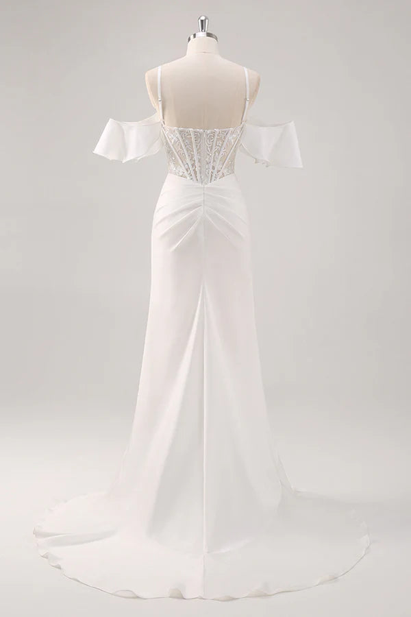 White Mermaid Cold Shoulder Corset Appliqued Long Prom Dress with Slit simple gentle atmospheric and unique desi Bring summer colors to enhance whiteness